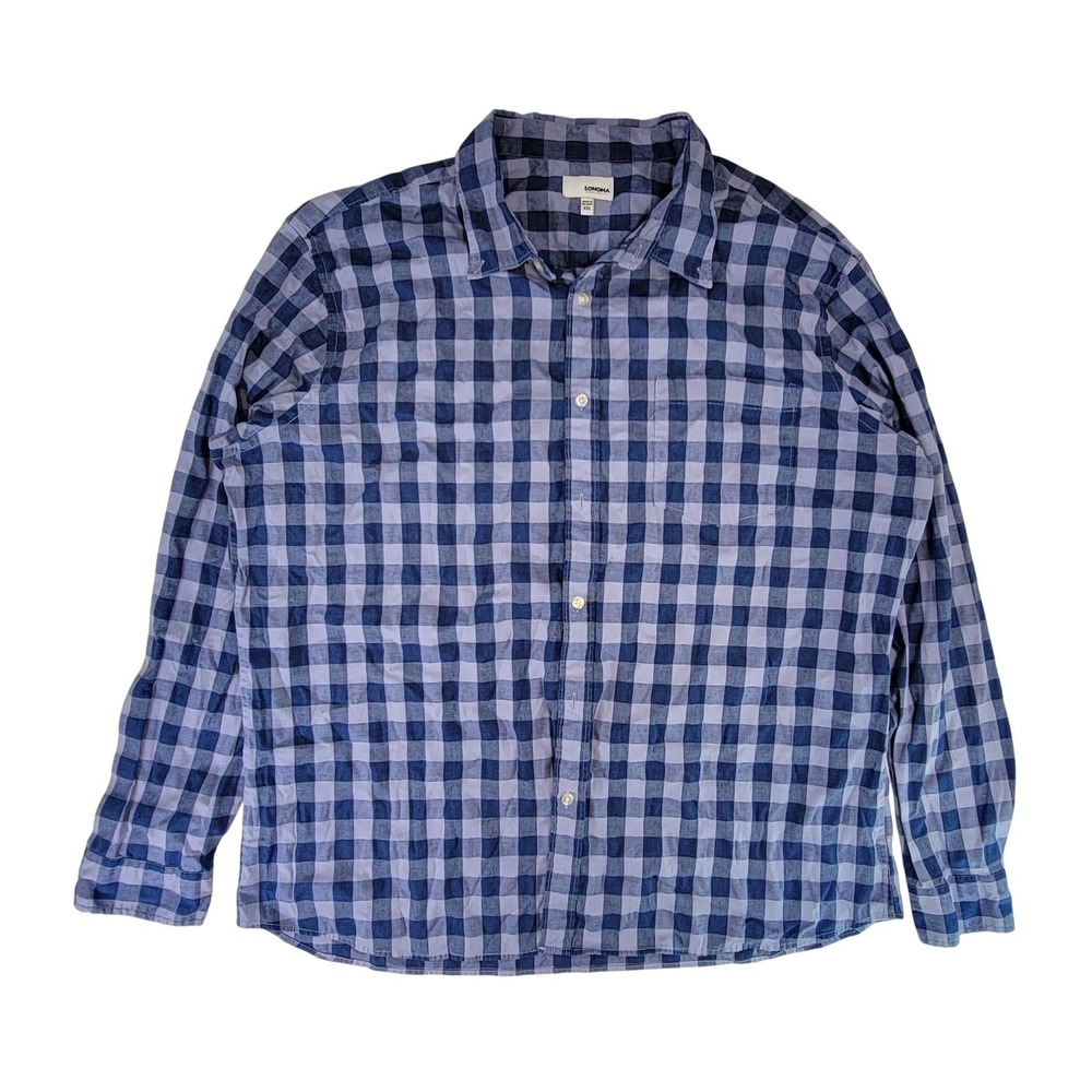 Sonoma Men's Long Sleeve Gingham Button Down Shirt XXL Blue Plaid‎ Casual